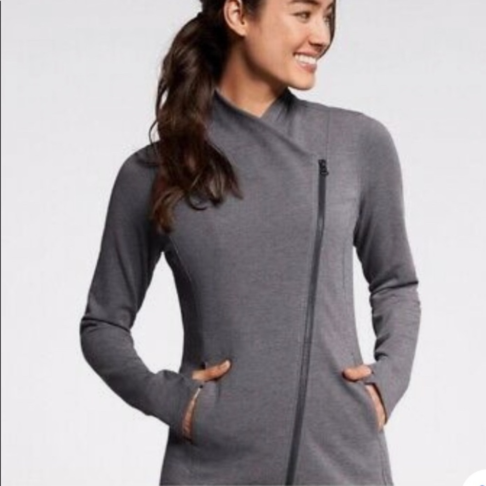 athelta softtech cya grey jacket asymmetrical zip